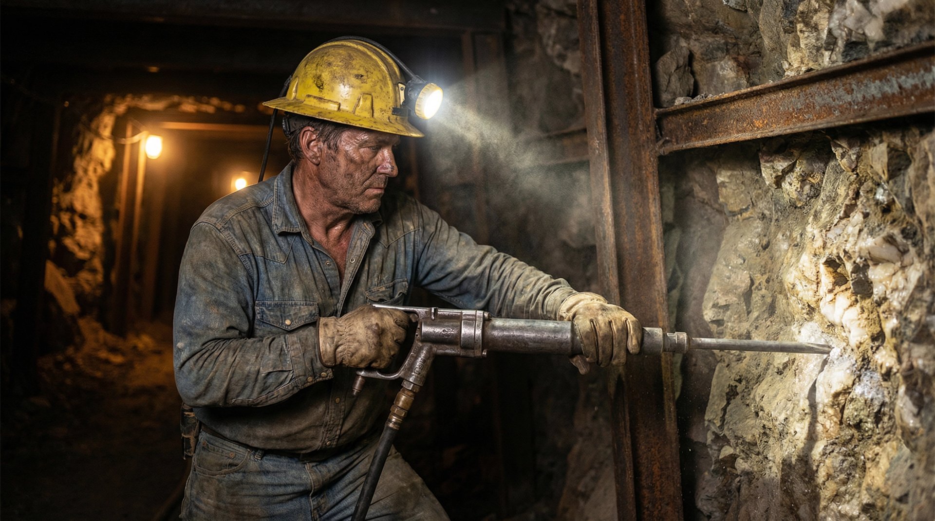Bergmann im Untertagestollen einer Goldmine