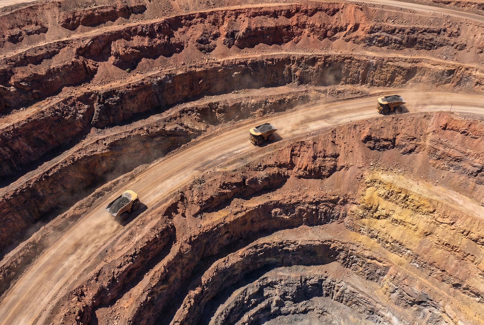 Drohnenaufnahme CAT 797F Haul Trucks im Goldtagebau