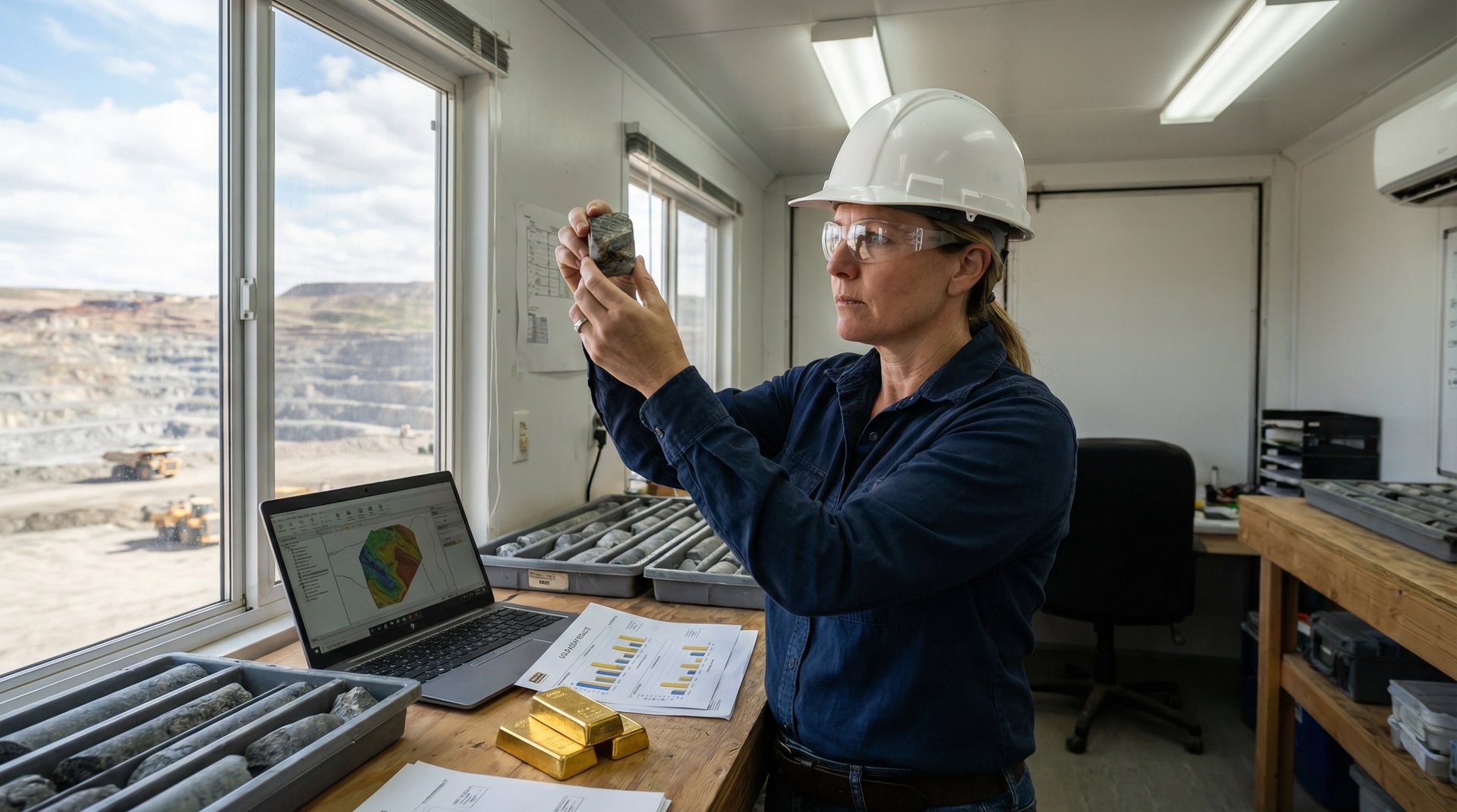Geologin analysiert Bohrkerne und Goldbarren im Feldlabor