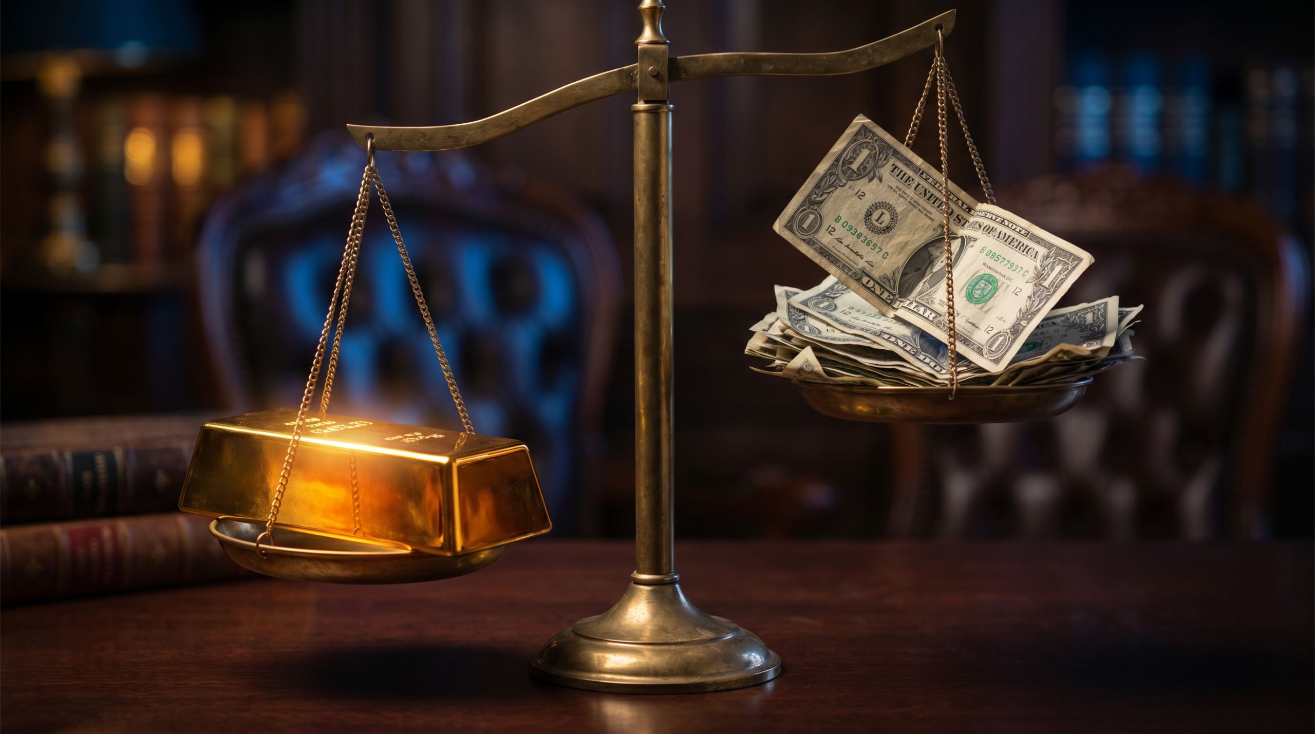 Goldbarren und US-Dollar auf einer Waage – Symbolbild für De-Dollarisierung und Goldreserven