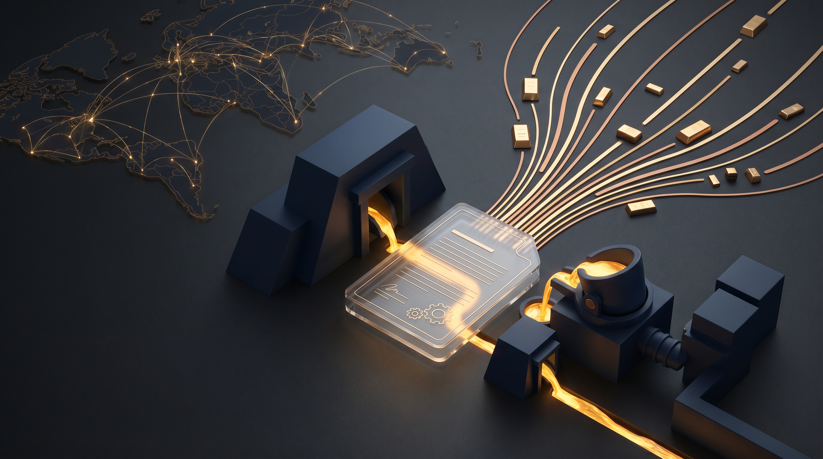 KI-generiertes Bild zum Gold-Streaming- und Royalty-Geschäftsmodell mit Goldströmen, Minen und Finanzverträgen