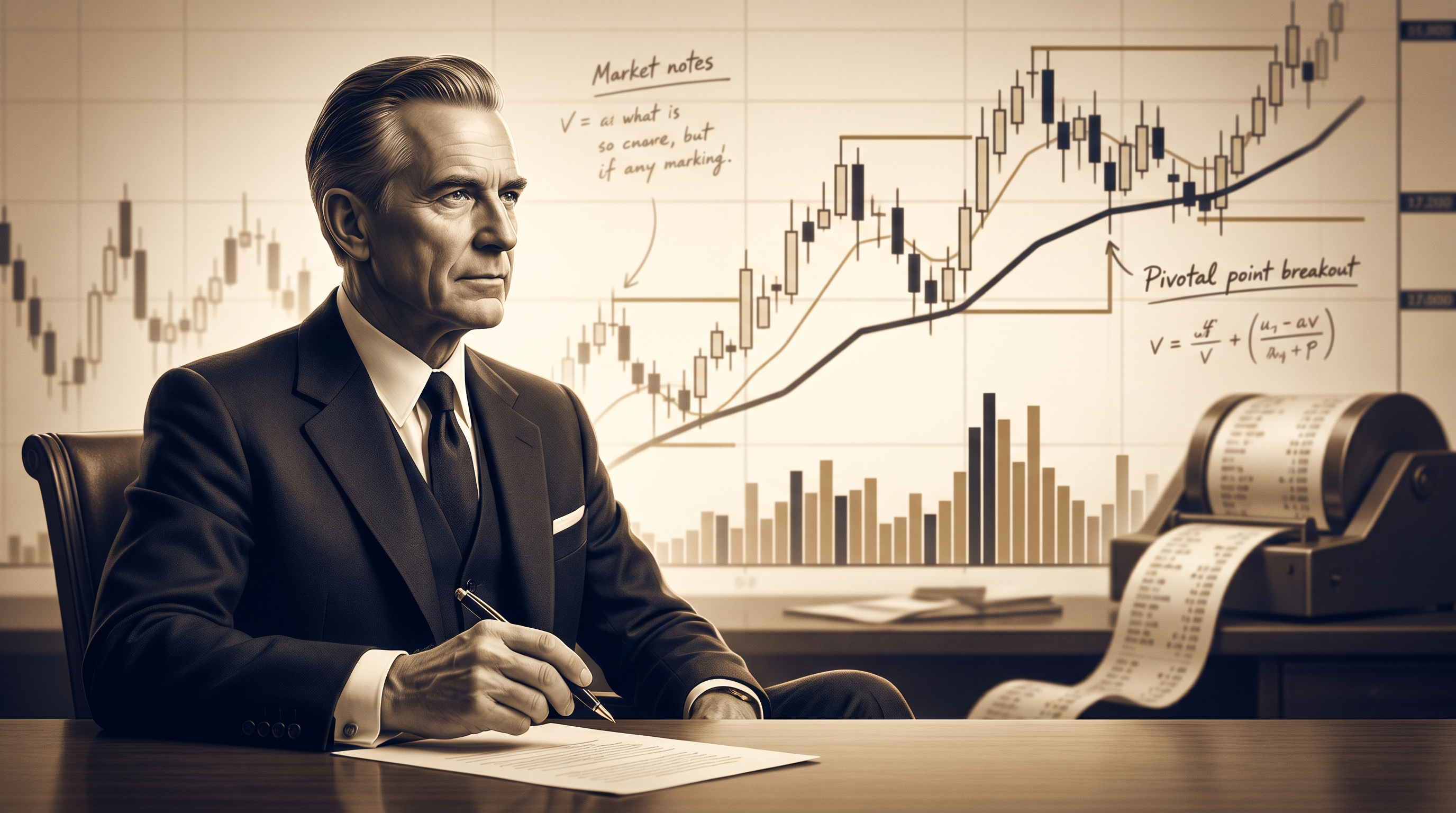 Jesse Livermore mit Börsencharts, Pivotal Points und Volumenanalyse im Hintergrund