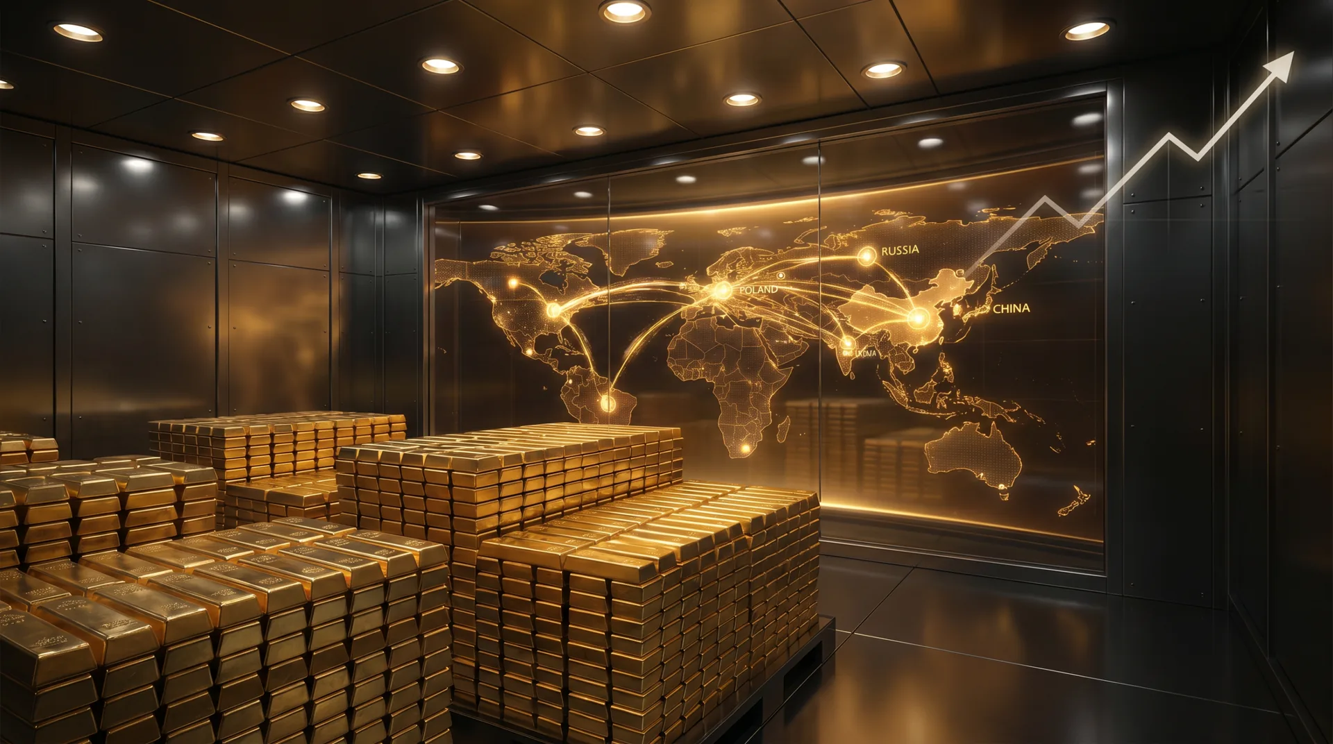 Zentralbank-Tresor mit Goldbarren und Weltkarte – Symbolbild für den Zentralbank-Goldrausch 2021–2026