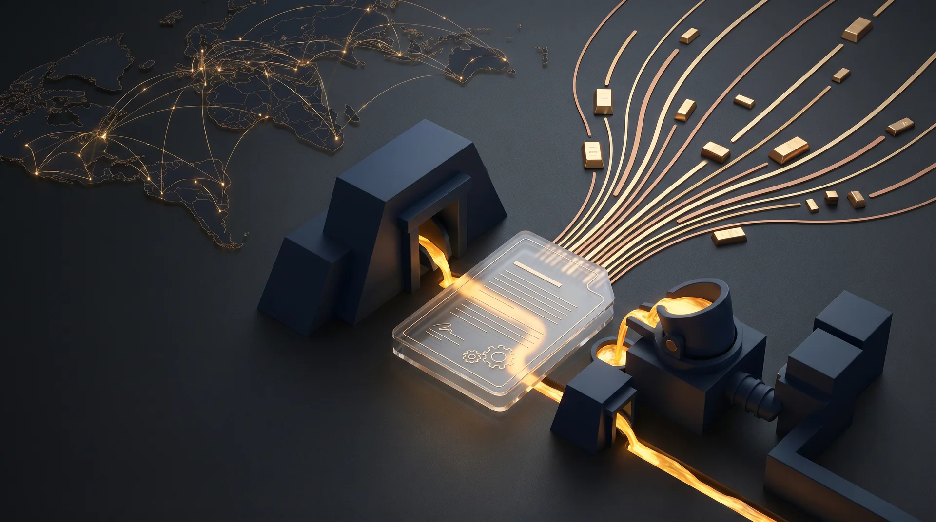 KI-generiertes Bild zum Gold-Streaming- und Royalty-Geschäftsmodell mit Goldströmen, Minen und Finanzverträgen